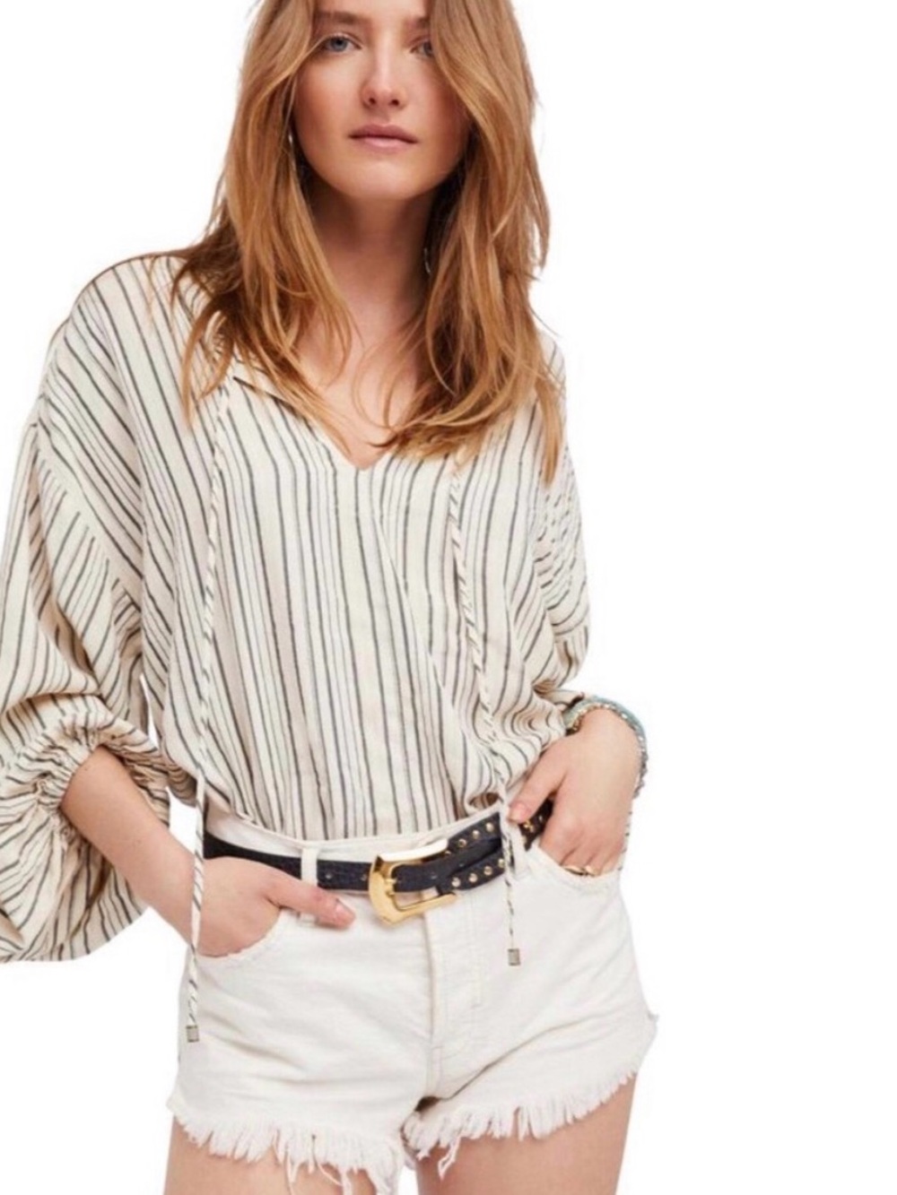 Free People Cream Striped V-Neck Balloon Sleeve Top